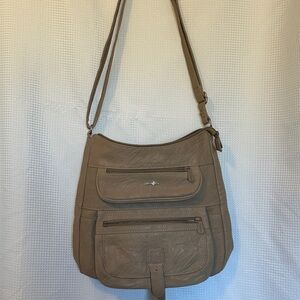MultiSac brand taupe or stone-colored vegan/faux leather crossbody purse.